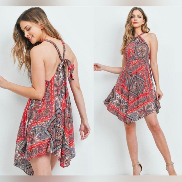 Bohemian Halter Cross Back Tie Asymmetrical Spring Summer Dress - Picture 3 of 8